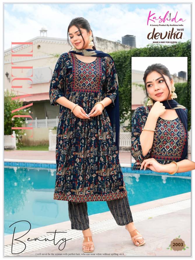 Devika Vol 5 By Kashida Capsule Foil Printed Naira Cut Kurti With Bottom Dupatta Wholesale Online